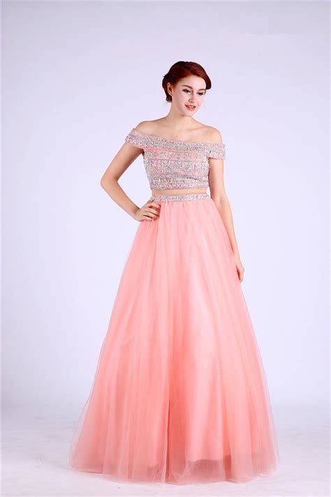 A Line Off The Shoulder Two Piece Long Coral Tulle Beaded Prom Dress