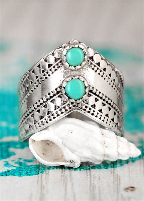 Chevron Boho Ring With Green Turquoise Sterling Silver In