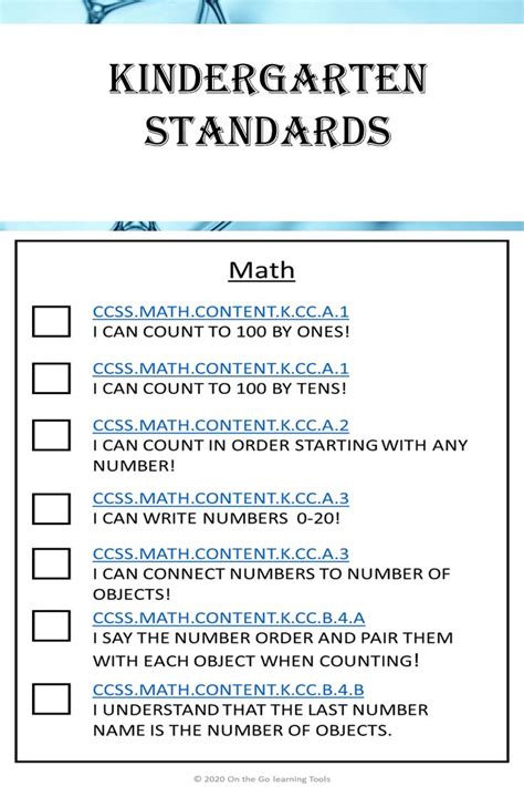 Kindergarten Common Core Standards Checklist Common Core Standards Checklist Kindergarten