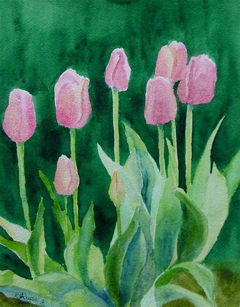 Pink Tulips Colorful Flowers Garden Art Original Watercolor Painting
