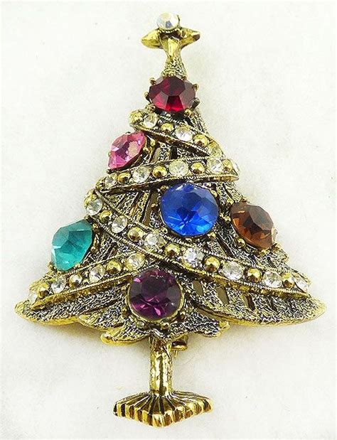 Hollycraft Rhinestone Ornament Christmas Tree Brooch Holiday Jewelry