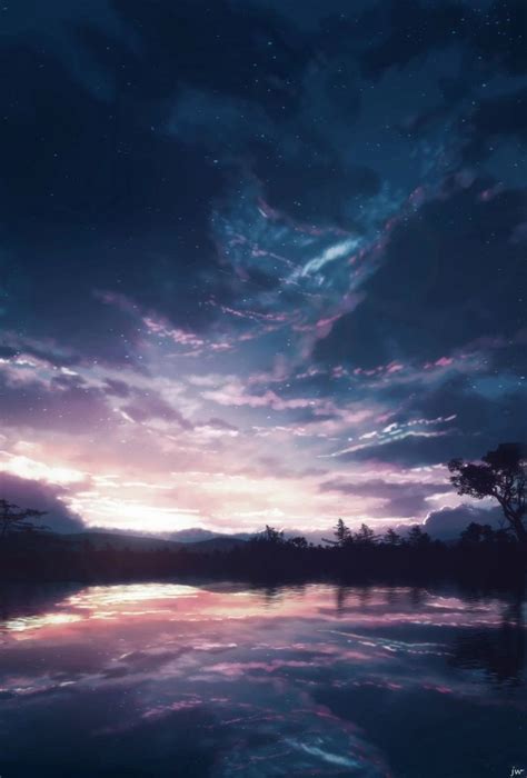 Download 1440x3088 Anime Landscape Sunset Sky Scenery Reflection