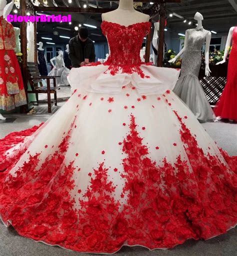 Cloverbridal Off The Shoulder Ball Gown Red And White Lace