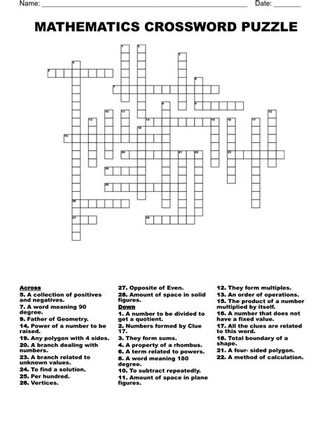 Mathematics Crossword Puzzle Wordmint