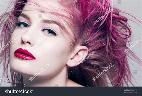 Beautiful Young Woman With Dyed Purple Hair Stock Photo