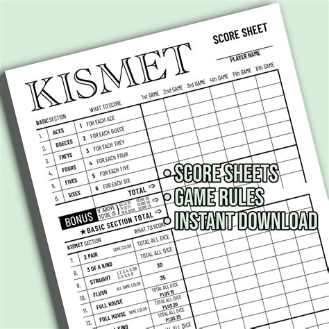 Kismet Printable Score Sheet Game Rules Digital Files Etsy Ireland
