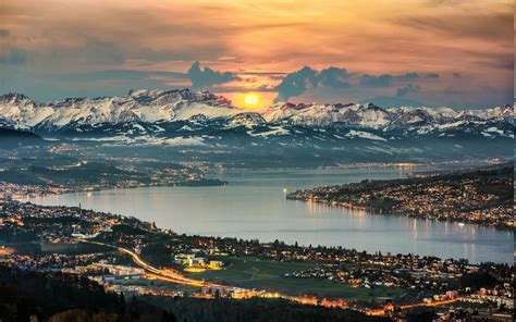 Nature Landscape Panoramas Lake Zurich Switzerland Cityscape