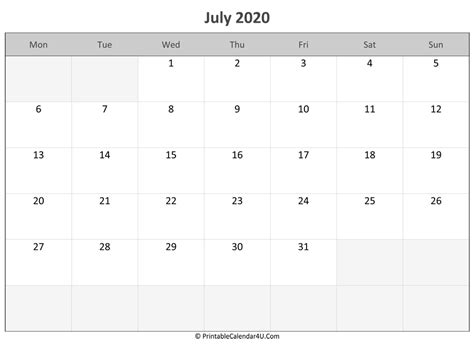 July 2020 Calendar Templates