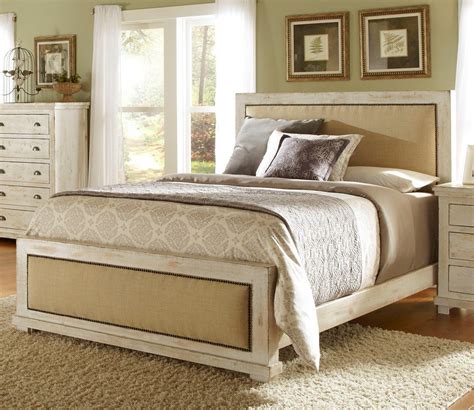 The set features a panel bed which is defined by its intricate detailing. Willow Upholstered Bedroom Set (Distressed White ...