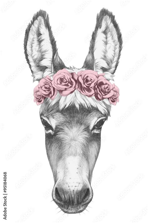 Portrait Of Donkey With Floral Head Wreath Hand Drawn Illustration