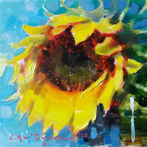 Daily Paintworks Sunflower On Sky Blue Original Fine Art For Sale