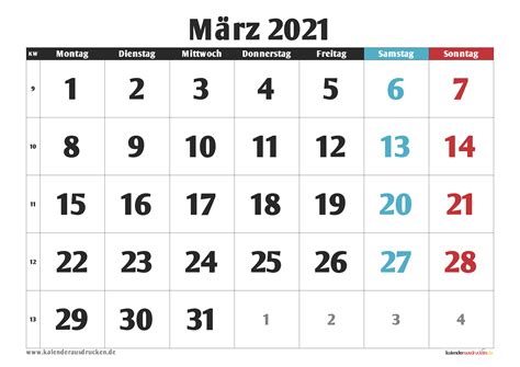 Der kalender für 3 monate kann sich auf ein bestimmtes jahr beziehen oder ständig aktuell bleiben. Kalender März 2021 zum Ausdrucken mit Ferien - Kalender ...