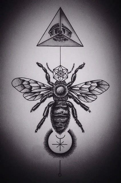 Dotwork Bee With Illuminati Symbol And Geometric Elements Tattoo Design