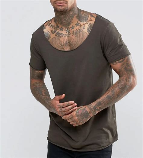Wide Neck Light Weight Longline T Shirt With Raw Scoop Neck And Curved