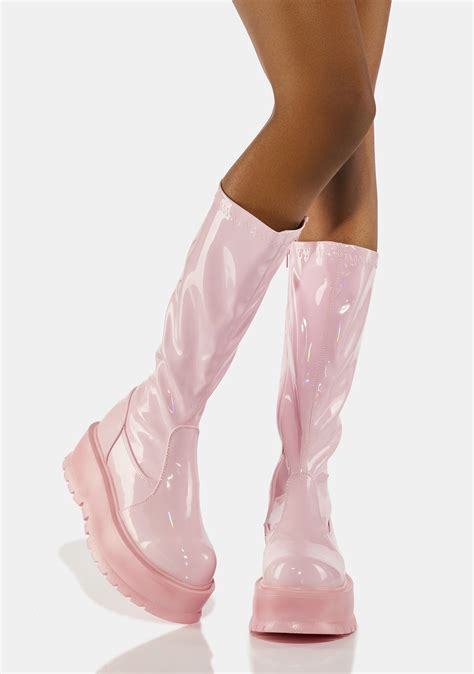 Demonia Holographic Stretch Knee High Platform Boots Pink Dolls Kill