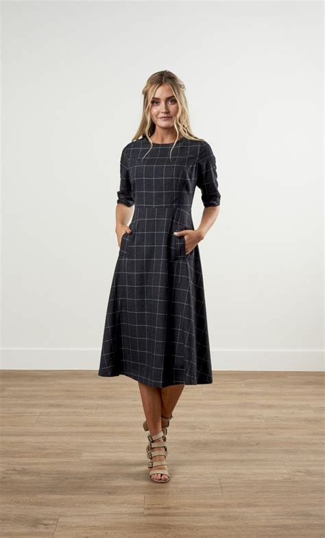 Flared Check Dress Dark Gray Blue In 2020 Modest Outfits Everyday