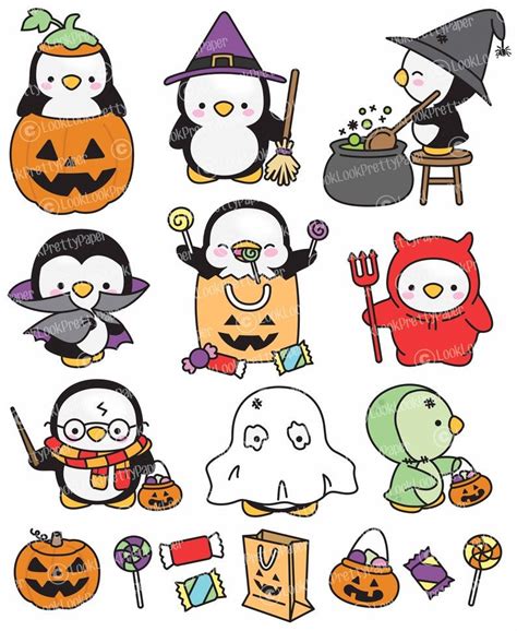 Premium Vector Clipart Kawaii Halloween Penguins Cute Etsy Kawaii