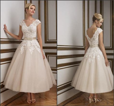 2016 Champagne Ankle Length Wedding Dresses Elegant V Neck