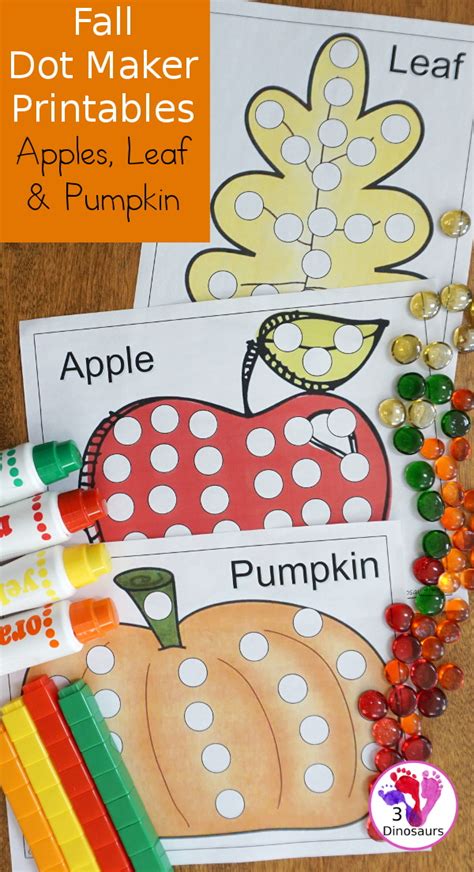 Fall Dot Markers Apple Leaf And Pumpkin 3 Dinosaurs
