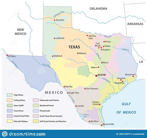 Vector Map Of The Physical Regions Of Texas Stock Vector