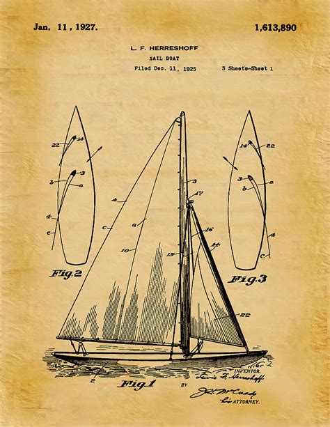 1927 Sailboat Patent Aged Parchment Digital Art By Unique