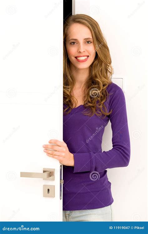 Woman Opening Door Stock Image Image Of Entering Home 11919047