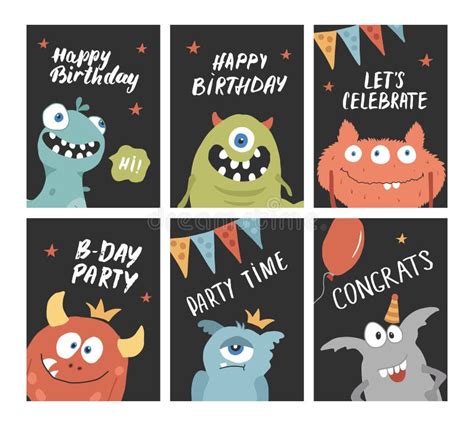 Birthday Cards Set With Cute Monsters Cartoon Monsters Collection