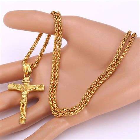 Kt Gold Plated Cross Crucifix Necklace And Chain For Men And Etsy