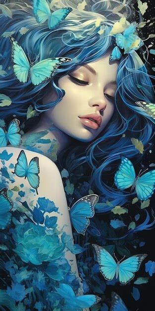 Premium Photo A Woman With Blue Hair And Butterflies On Her Head