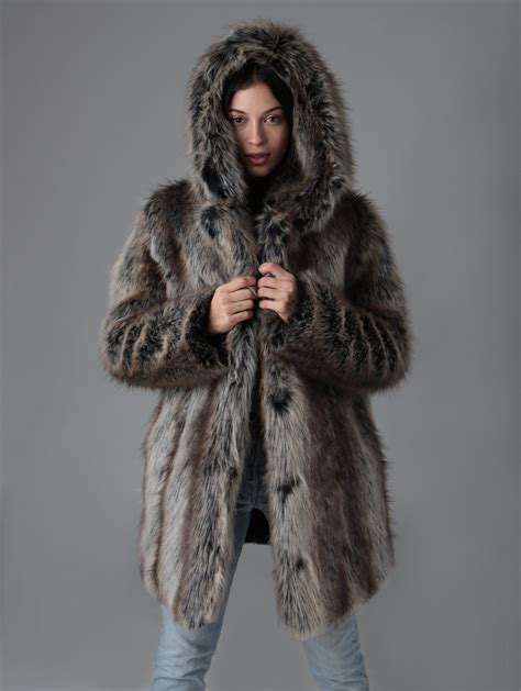 hooded grey wolf faux fur coat faux fur coat fashion fur coat womens faux fur coat