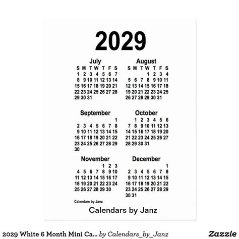 2029 White 6 Month Mini Calendar By Janz Postcard Zazzle Mini