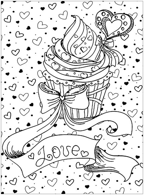 Here are our coloring pages of cupcakes, cakes and other desserts : Cupcake love - Cupcakes Adult Coloring Pages