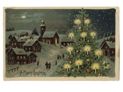 Vintage Christmas Tree Postcard Village Church Snow Antique Chromolitho