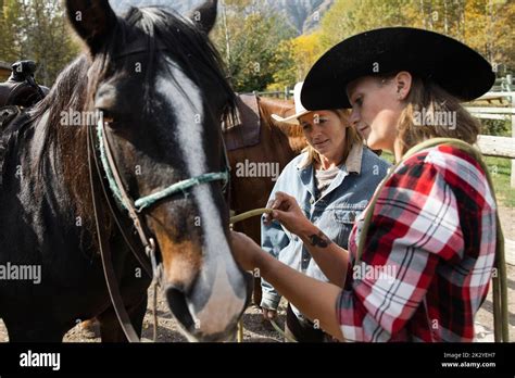 Rancher Helping Woman Prepare Horse For Horseback Riding On Ranch Stock