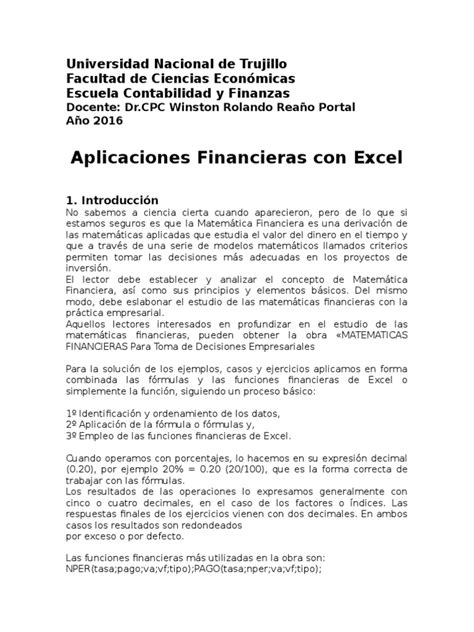 PDF Aplicaciones Financieras de Excel Con Matemáticas Financieras