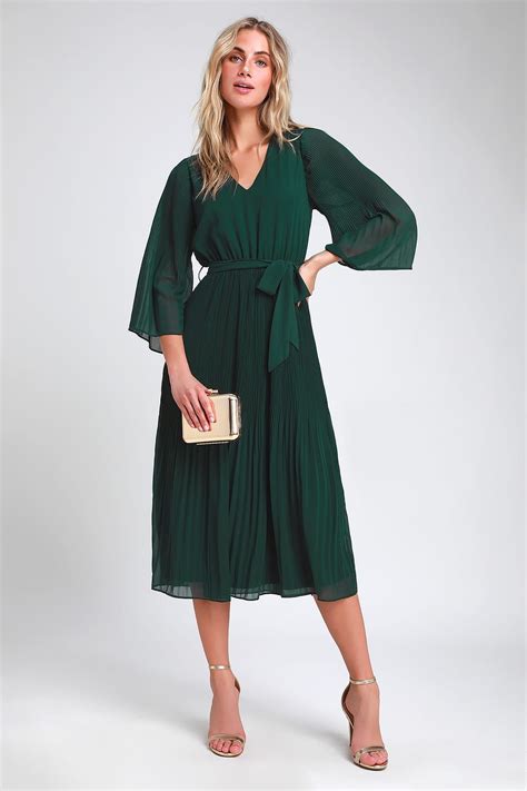 Flirty And Thriving Dark Green Pleated Midi Dress Midi Dress Outfit