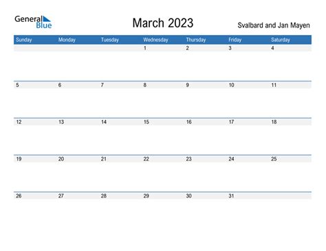 March 2023 Calendar With Svalbard And Jan Mayen Holidays
