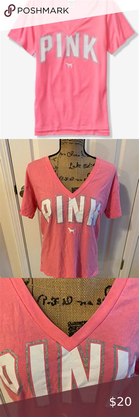 Victoria Secret Pink T Shirt V Neck The Pink Outline Is Shimmer Great