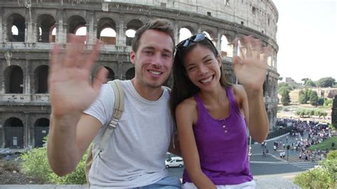 Selfie Romantic Travel Couple By Coliseum Rome Italy Happy Lovers