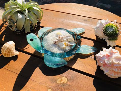 10 Handblown Art Glass Sea Turtle Decor With Natural Sea Shell And Sand