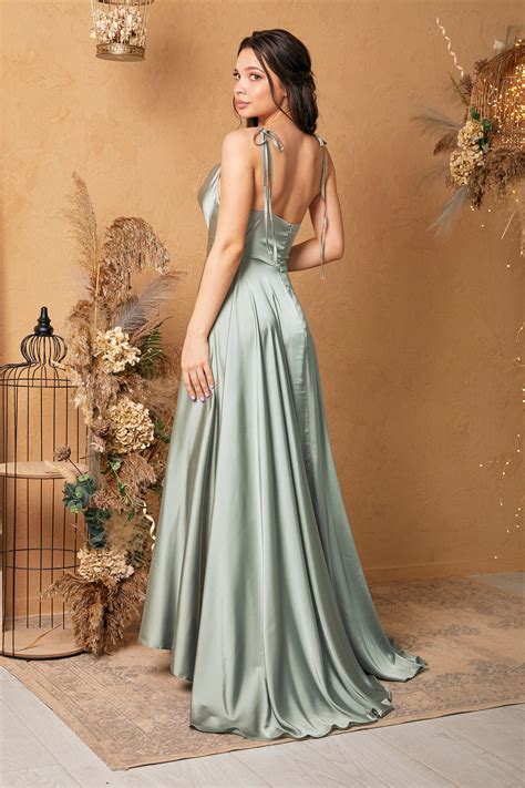 Sage Green Silk Maxi Flared Dress With Slit Sage Bridesmaid Etsy