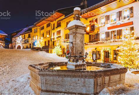 Gruyeres Town Village Of Switzerland Winter Night Stock