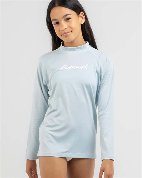 rip curl girls script long sleeve rash vest in ice blue fast shipping and easy returns city