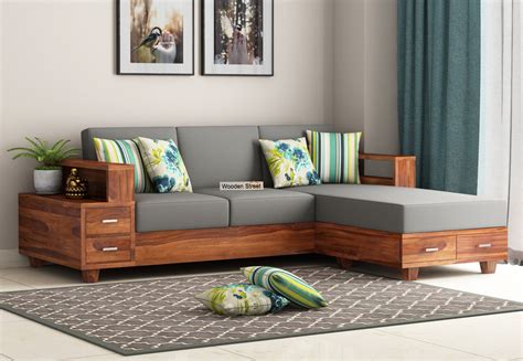 Buy Solace L Shaped 3 Seater Wooden Sofa With Washable Zipper Cover