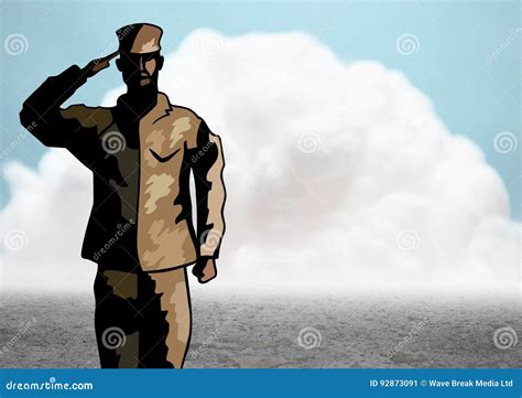 Cartoon Soldier Saluting Against Cloud And Ground Stock Illustration