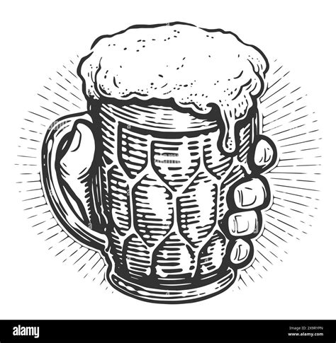 Glass Mug Of Foamy Beer In Hand Pub Brewery Emblem Vector Illustration Drawn In Sketchy