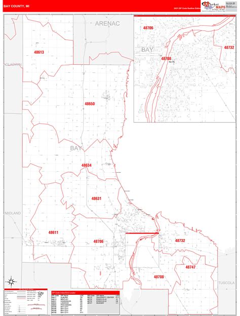 Bay County Mi Zip Code Wall Map Red Line Style By Marketmaps Mapsales