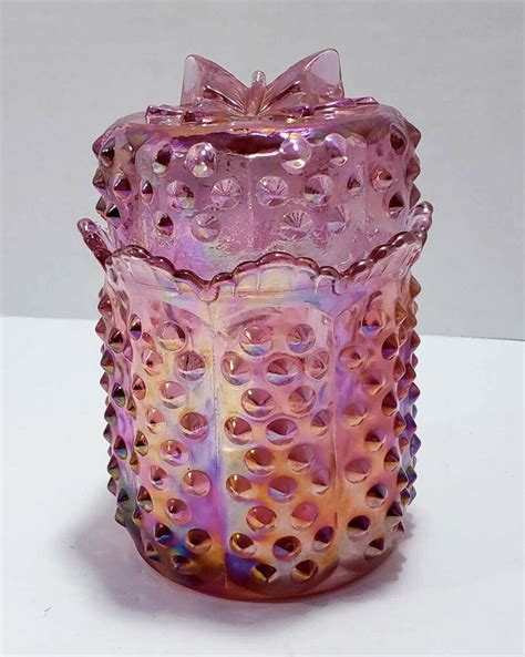 Fenton Pink Carnival Glass Hobnail Candy Jar With Butterfly Lid 1990 S Mark Ebay Carnival