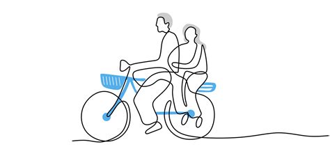 Continuous One Single Line Of Mature Couple Riding Vintage Bicycle