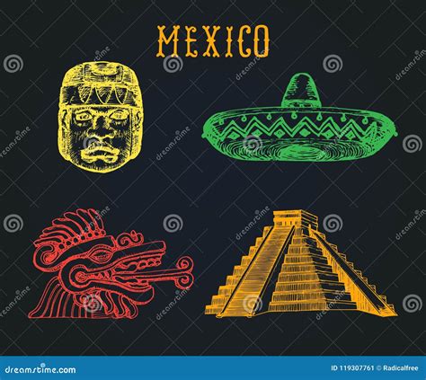 Drawn Set Of Famous Mexican Attractions Vector Illustrations Of Olmec